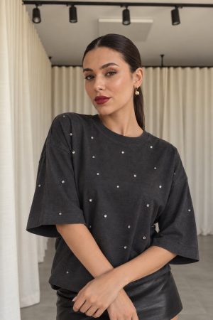 siyah taşlı bisiklet yaka tok doku oversize tişört