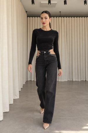 kadın zincir detaylı siyah renk kot jean denim pantolon
