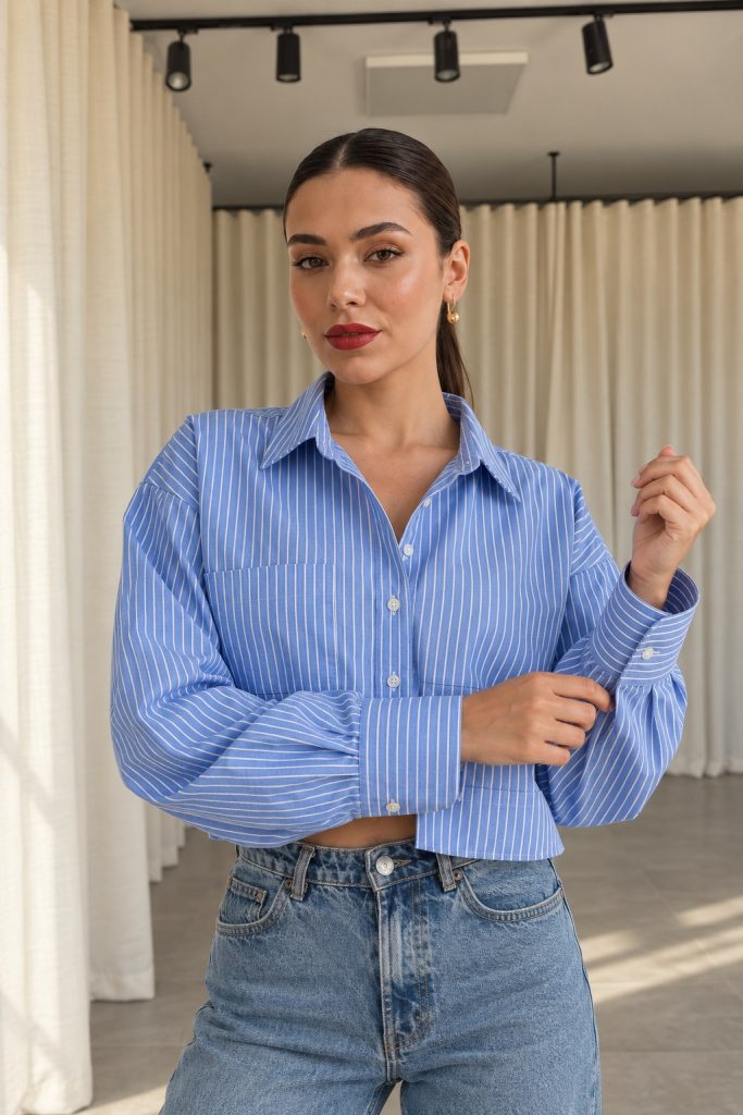 mavi Çizgili pamuk crop gömlek