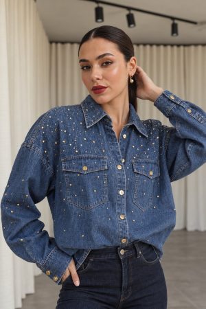 mavi zımba ve taş detaylı denim gömlek