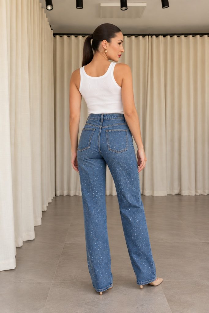 mavi renk taşlı straight jean