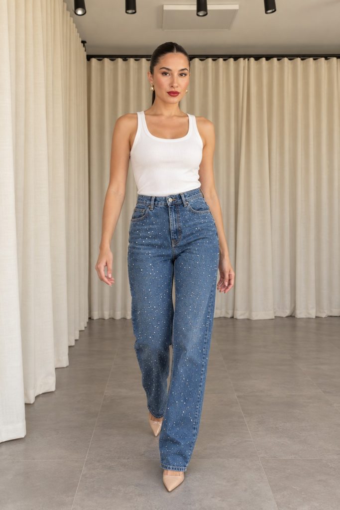 mavi renk taşlı straight jean