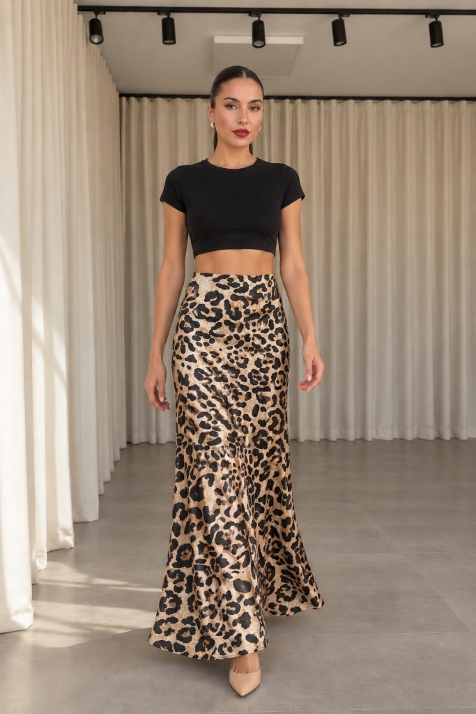 leopar desenli saten etek
