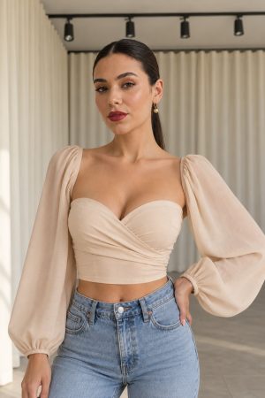 kadın taş rengi gipeli crop top bluz
