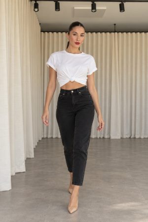 kadın siyah mom jeans yüksek bel jeans kot pantolon
