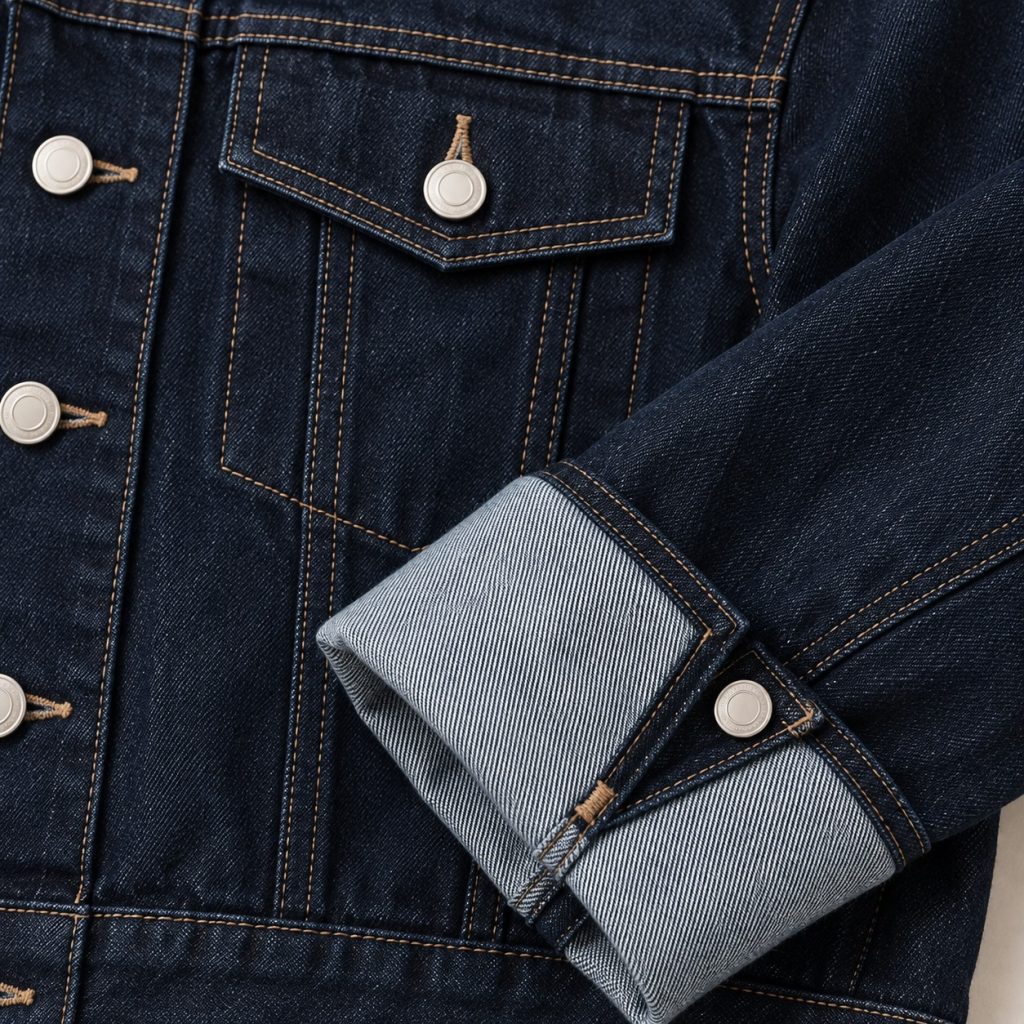 lacivert kollari katlama detayli denim ceket detay