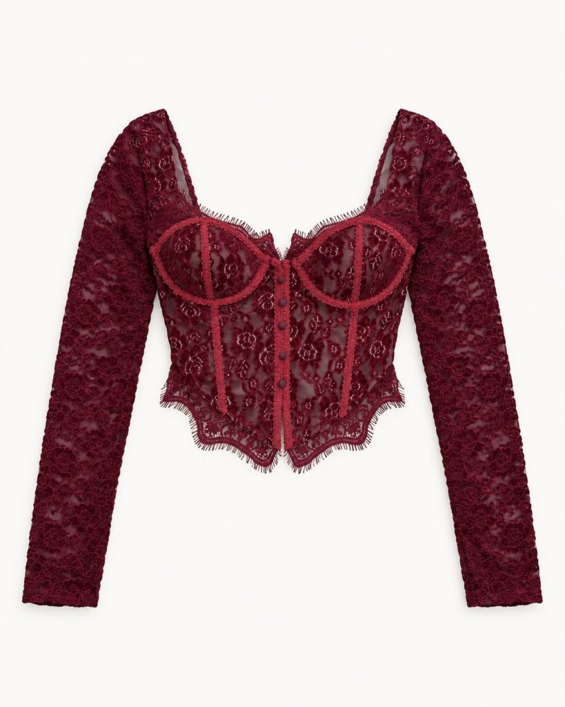 Bordo Dantel Korsaj Bluz